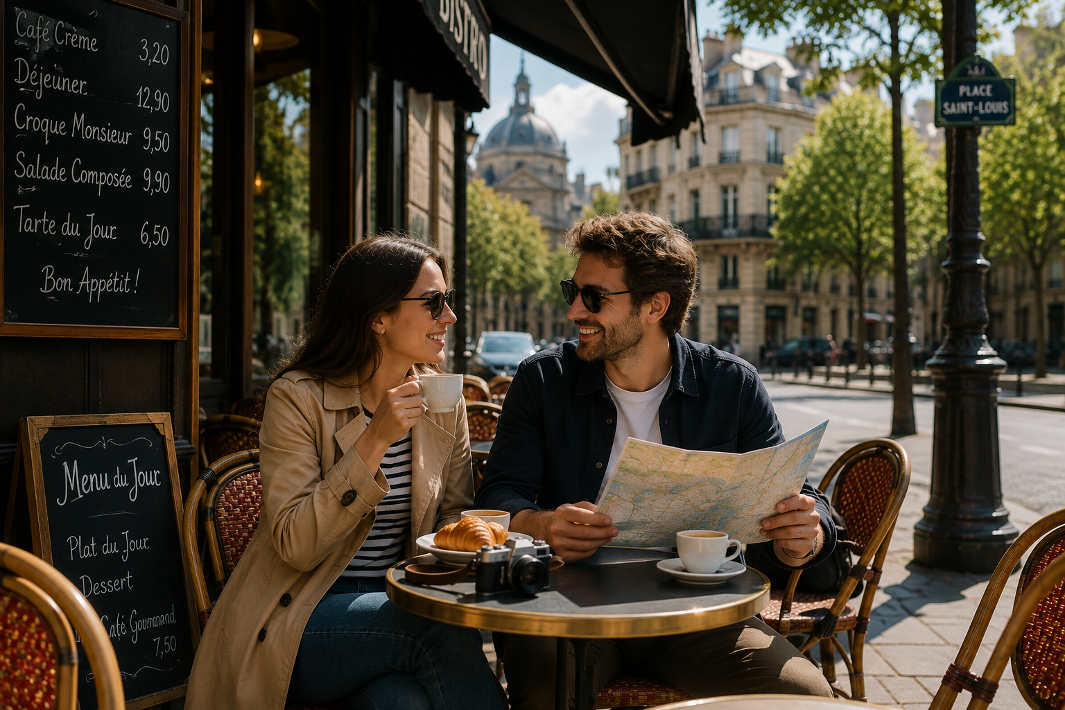 Casal tomando café descontraidamente em um bistro