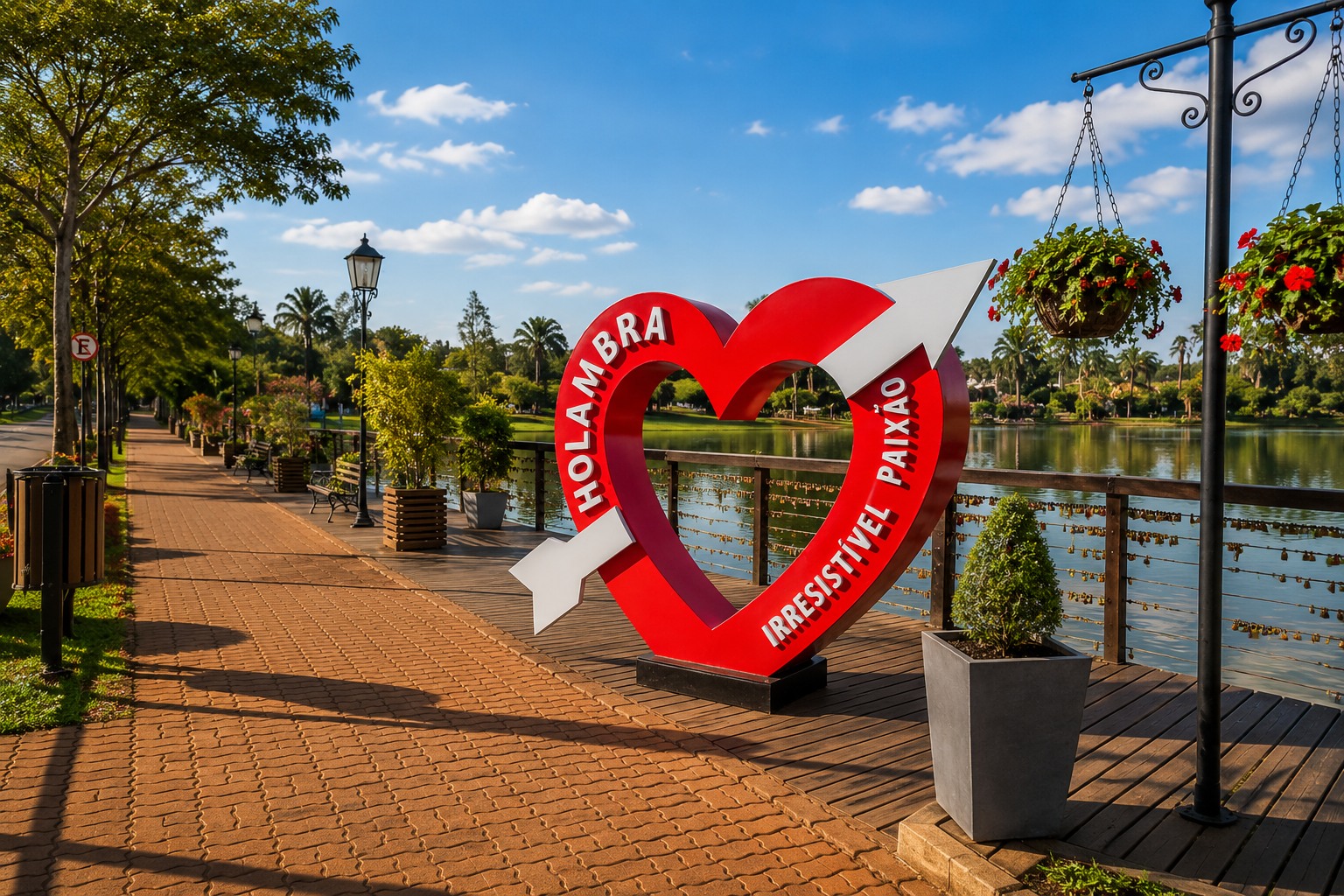 Deck do Amor em Holambra com lago, passarela e paisagismo
