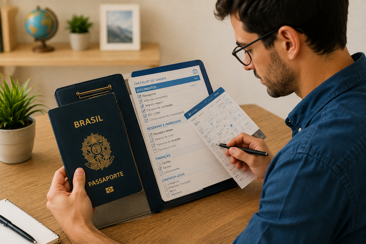 Homem conferindo passaporte e documentos para viagem internacional.