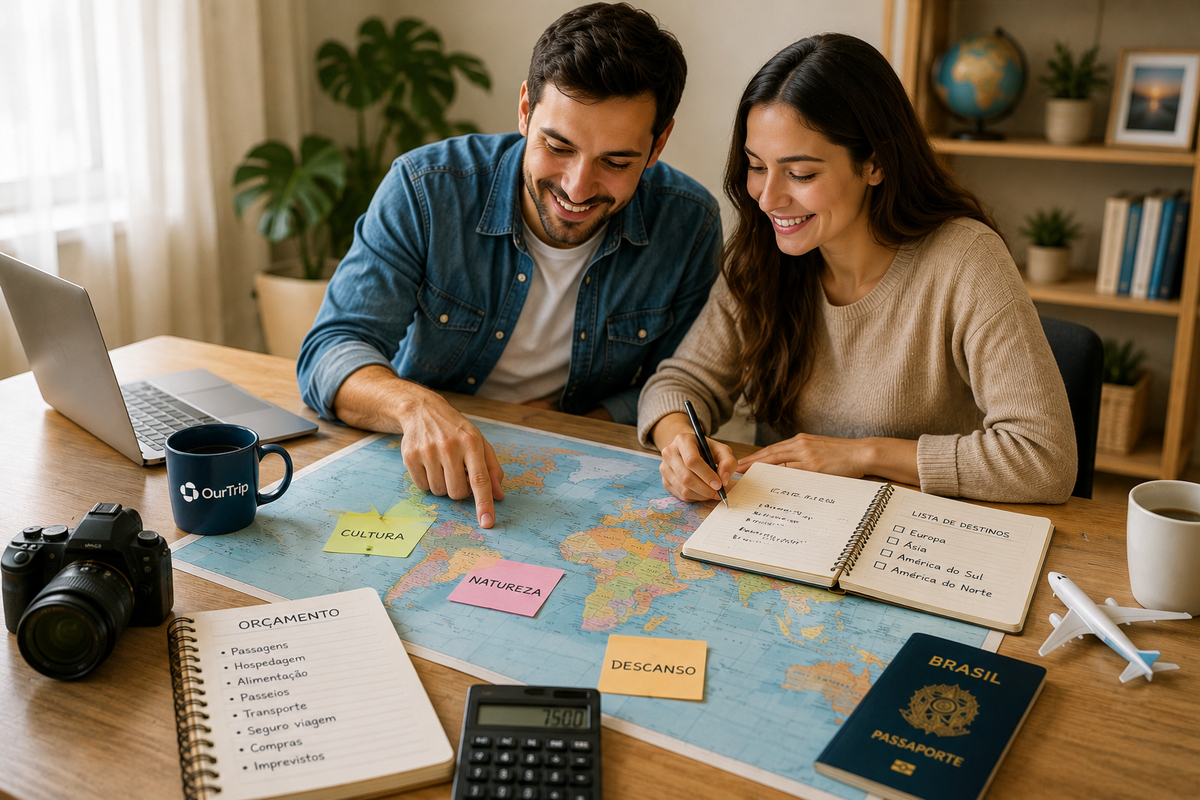 Casal planejando o destino de uma viagem internacional com mapa.