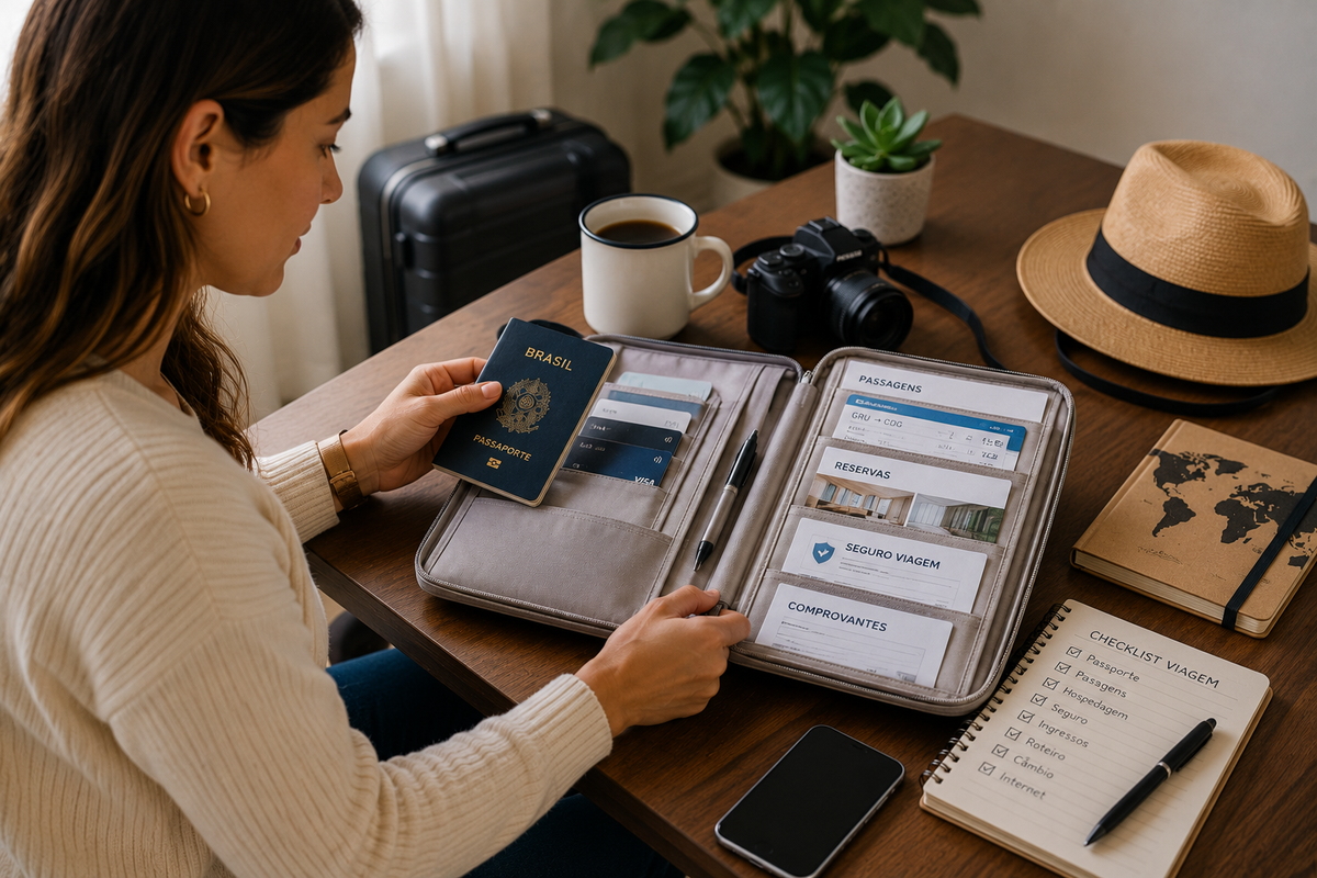Mulher organizando passaporte, reservas e comprovantes da viagem.
