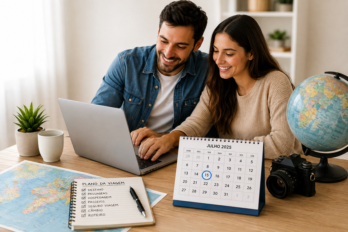 Casal escolhendo as datas de uma viagem internacional
