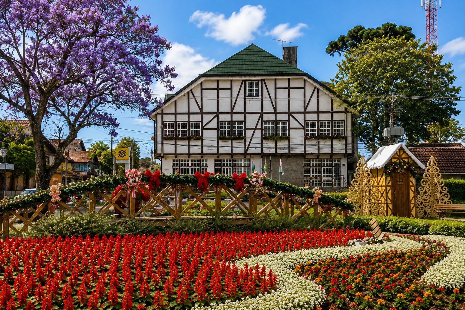 Praça das Flores em Nova Petrópolis com jardins coloridos e arquitetura germânica
