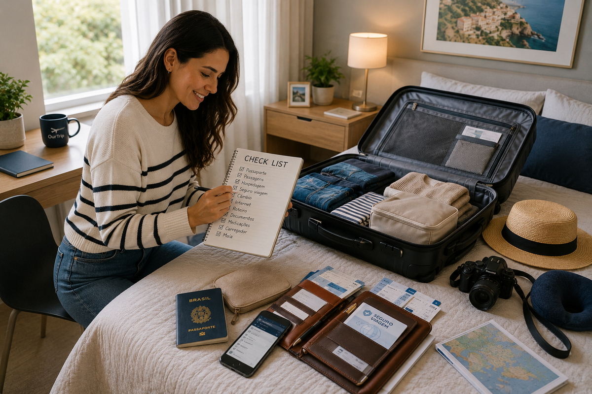 Mulher conferindo checklist e bagagem antes de uma viagem.