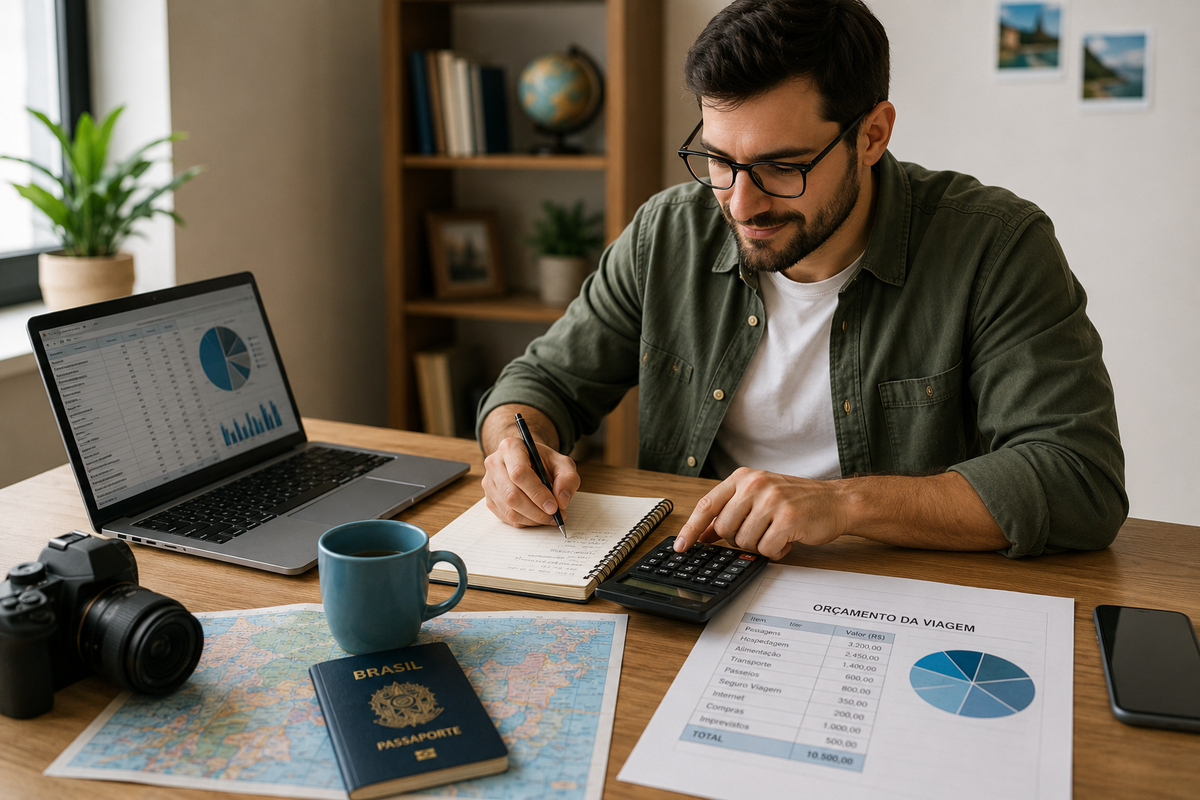 Homem organizando o orçamento de uma viagem internacional.