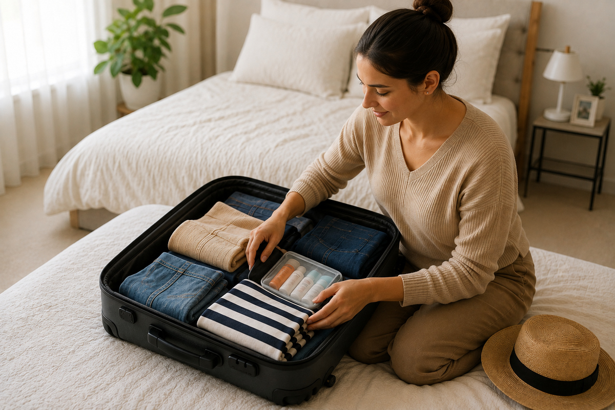 Mulher organizando roupas e itens essenciais em uma mala de viagem.